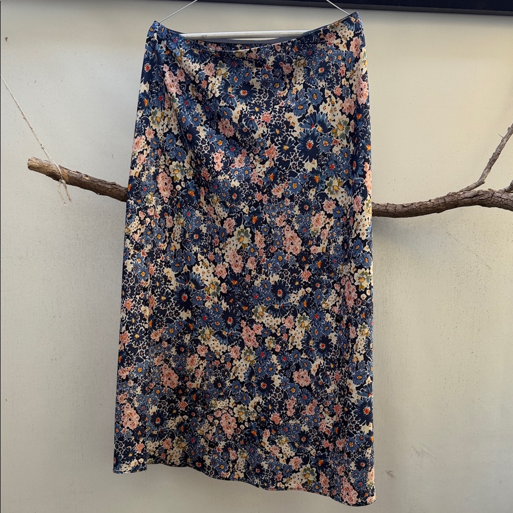 LOFT Navy Floral Midi Skirt with Pink and Cream Blossoms